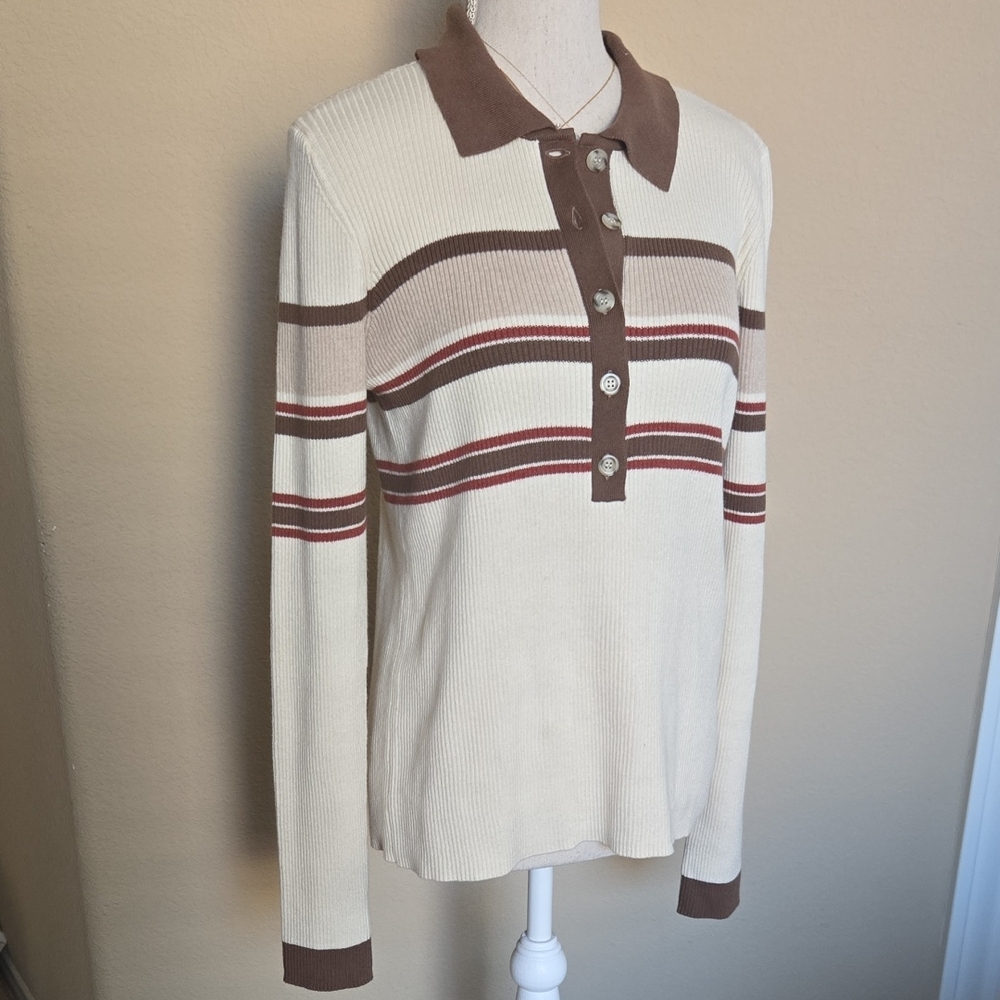 NEW Faherty Mikki Polo Long Sleeve Ribbed Pullover Retro Fall Stripe - L - Picture 2 of 11